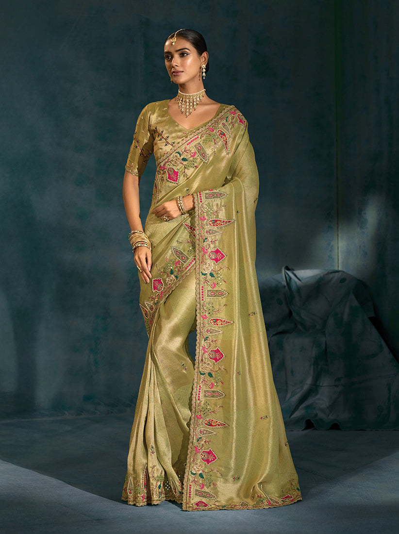 Monjolika Fashion Olive Green Color Silk Blend With Cutdana Moti Zarkan Heavy Work Beautiful Border Saree | Grocsy
