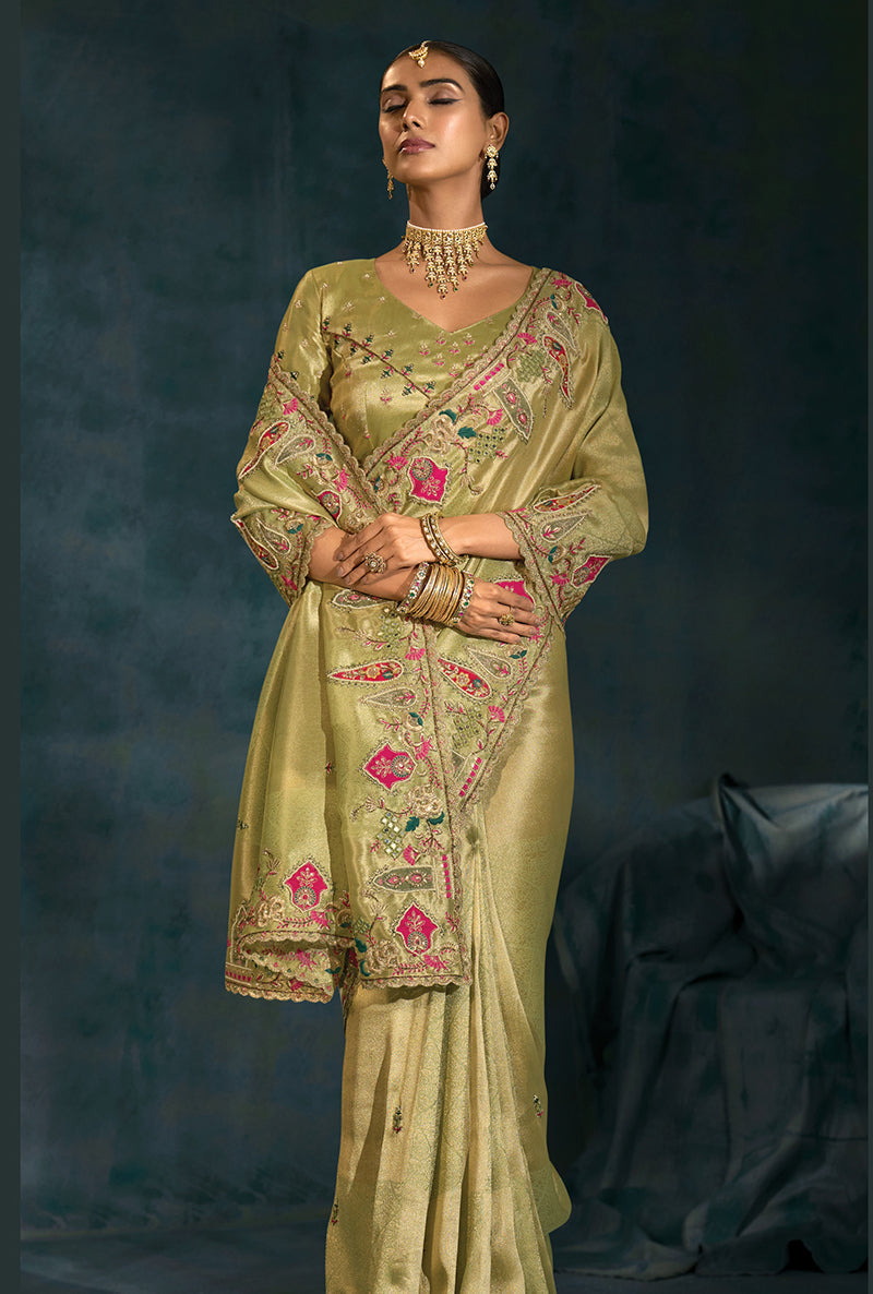 Monjolika Fashion Olive Green Color Silk Blend With Cutdana Moti Zarkan Heavy Work Beautiful Border Saree | Grocsy