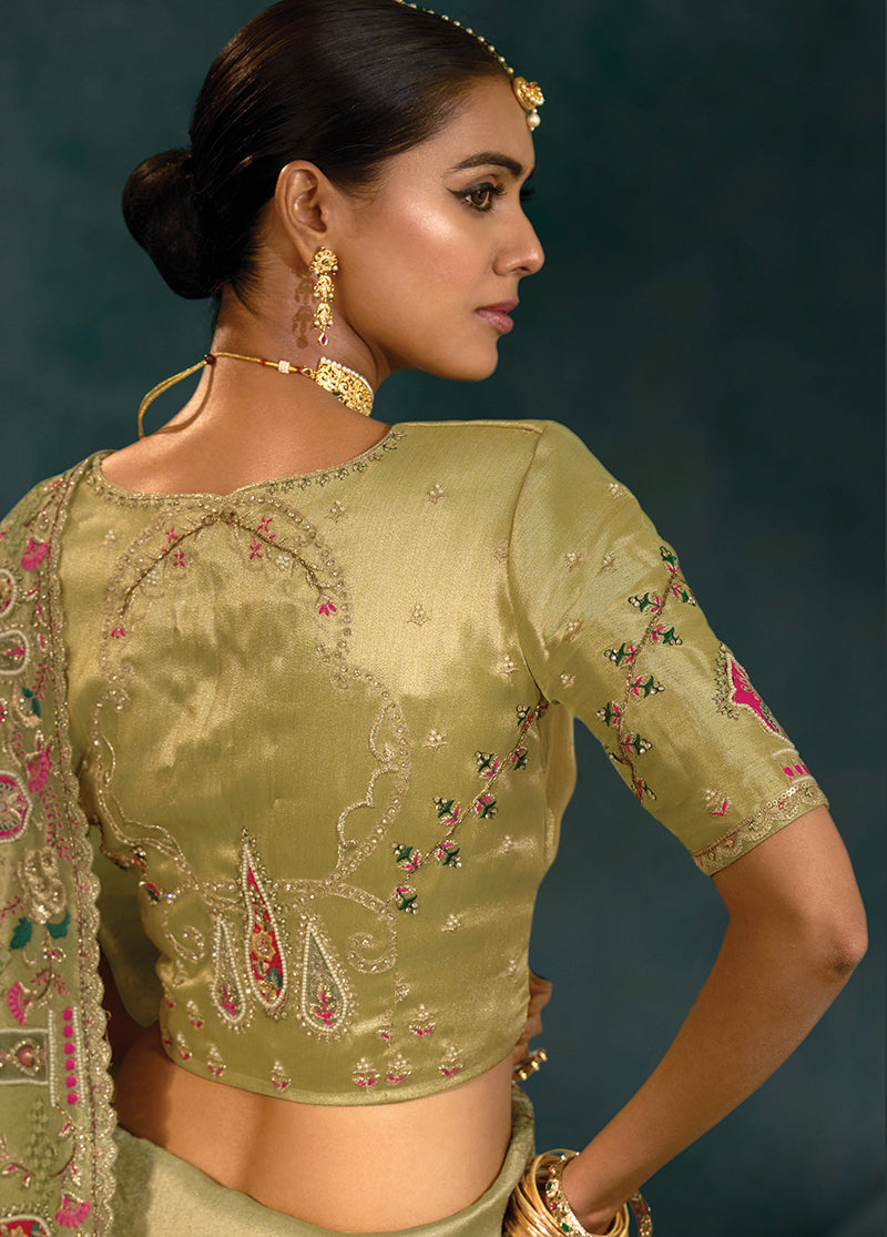 Monjolika Fashion Olive Green Color Silk Blend With Cutdana Moti Zarkan Heavy Work Beautiful Border Saree | Grocsy