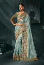 Monjolika Fashion Beige Color Silk Blend With Cutdana Moti Jardoshi Heavy Work Beautiful Border Saree | Grocsy