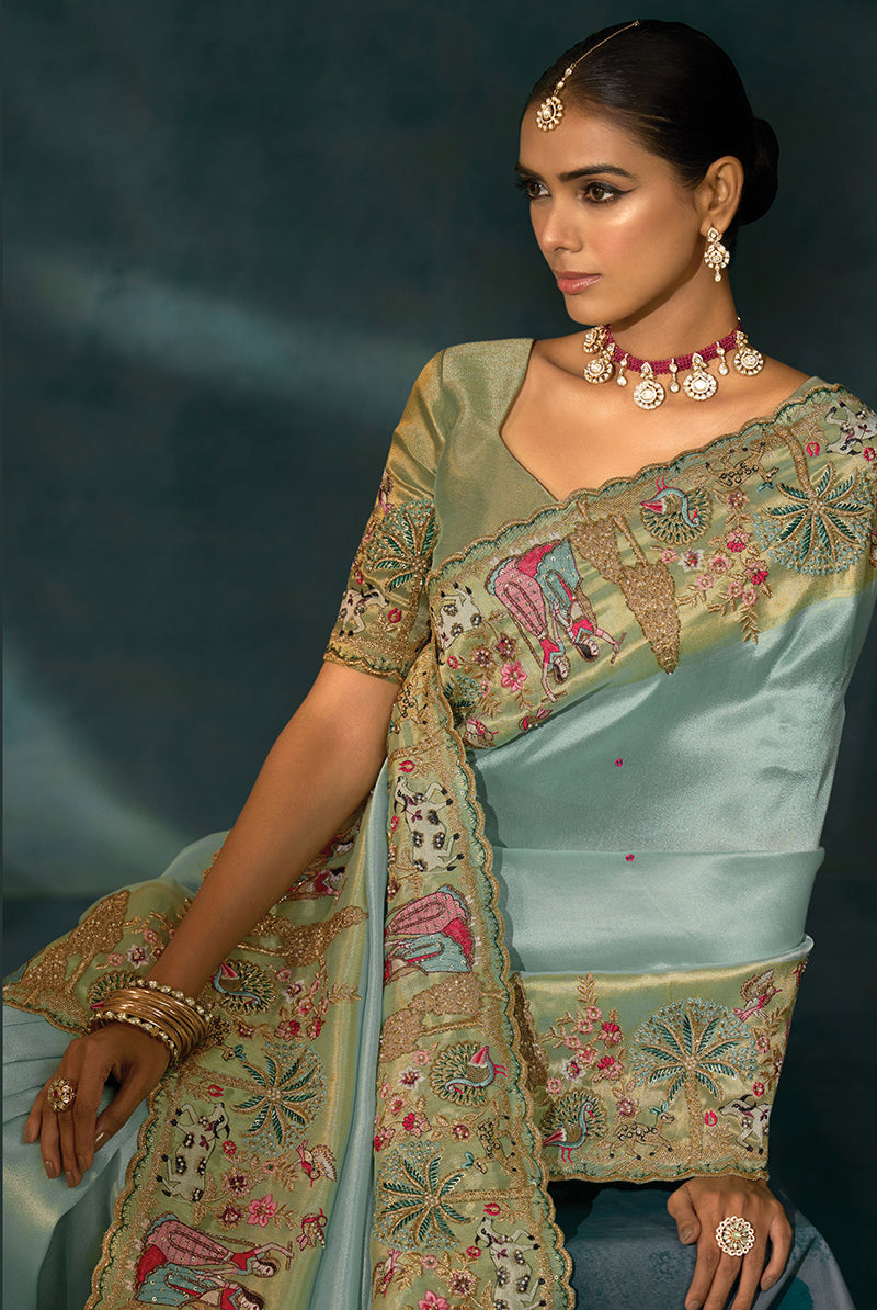 Monjolika Fashion Beige Color Silk Blend With Cutdana Moti Jardoshi Heavy Work Beautiful Border Saree | Grocsy