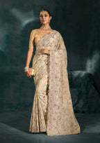 Monjolika Fashion Cream Banarasi Silk With Lakhanvi And Zarkan Work Blend Saree | Grocsy
