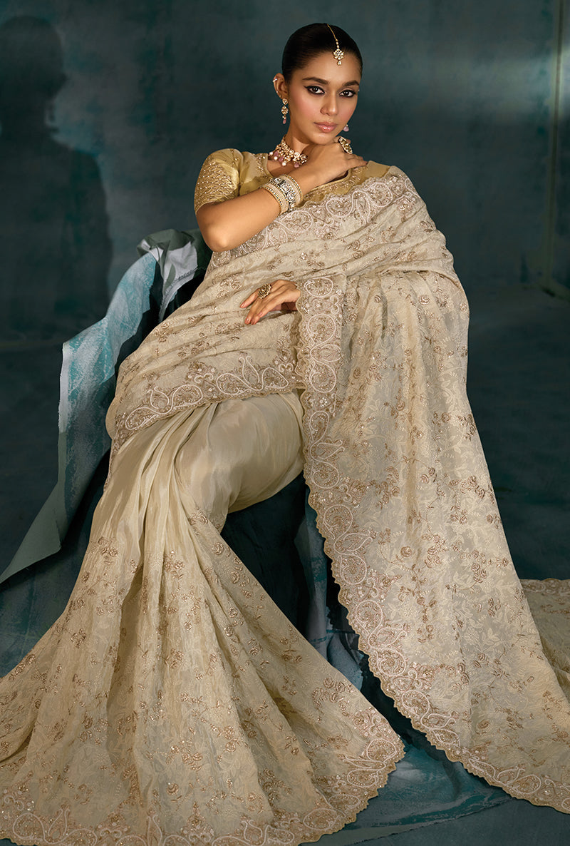 Monjolika Fashion Cream Banarasi Silk With Lakhanvi And Zarkan Work Blend Saree | Grocsy