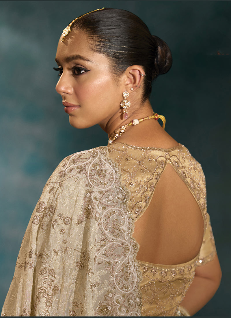 Monjolika Fashion Sky Blue With Cutdana Moti & Mirror Work Color Silk Blend Beautiful Border Saree | Grocsy