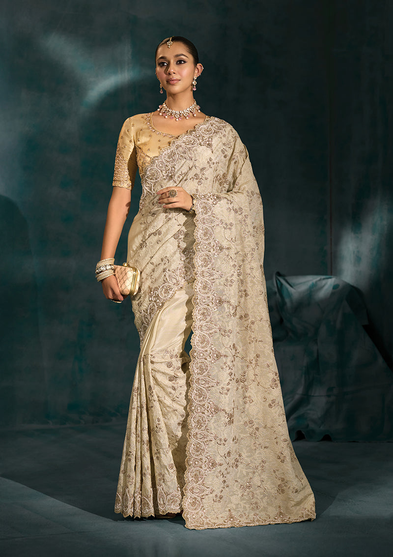Monjolika Fashion Sky Blue With Cutdana Moti & Mirror Work Color Silk Blend Beautiful Border Saree | Grocsy