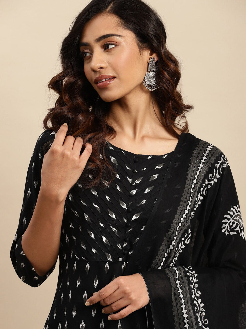 Sangria Black Ethnic Motifs Printed Pure-Cotton Straight Kurta With Trouser & Dupatta | Grocsy