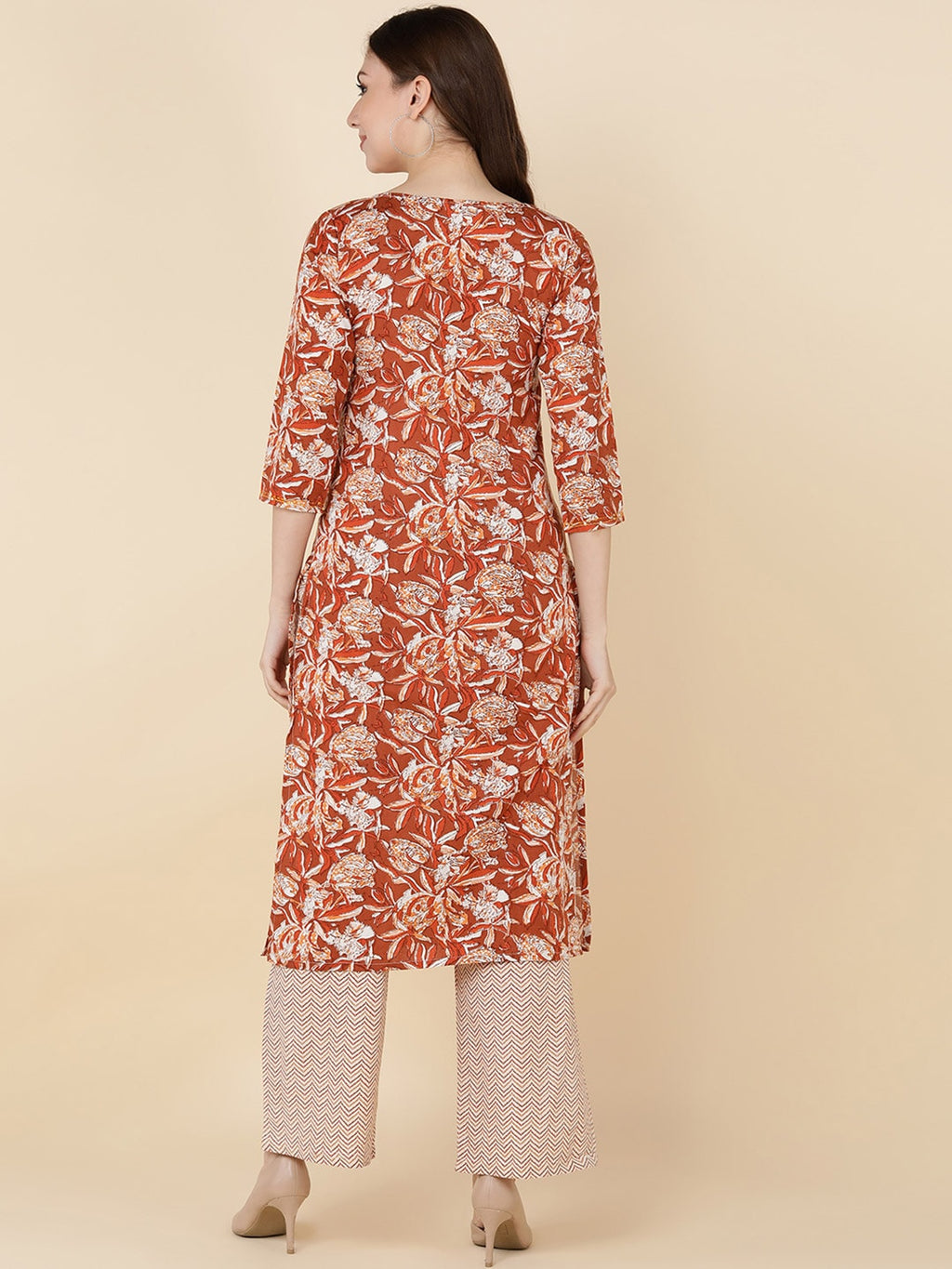 HERE&NOW Women Brown Floral Printed Sequinned Kurta with Trousers | Grocsy