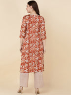 HERE&NOW Women Brown Floral Printed Sequinned Kurta with Trousers | Grocsy