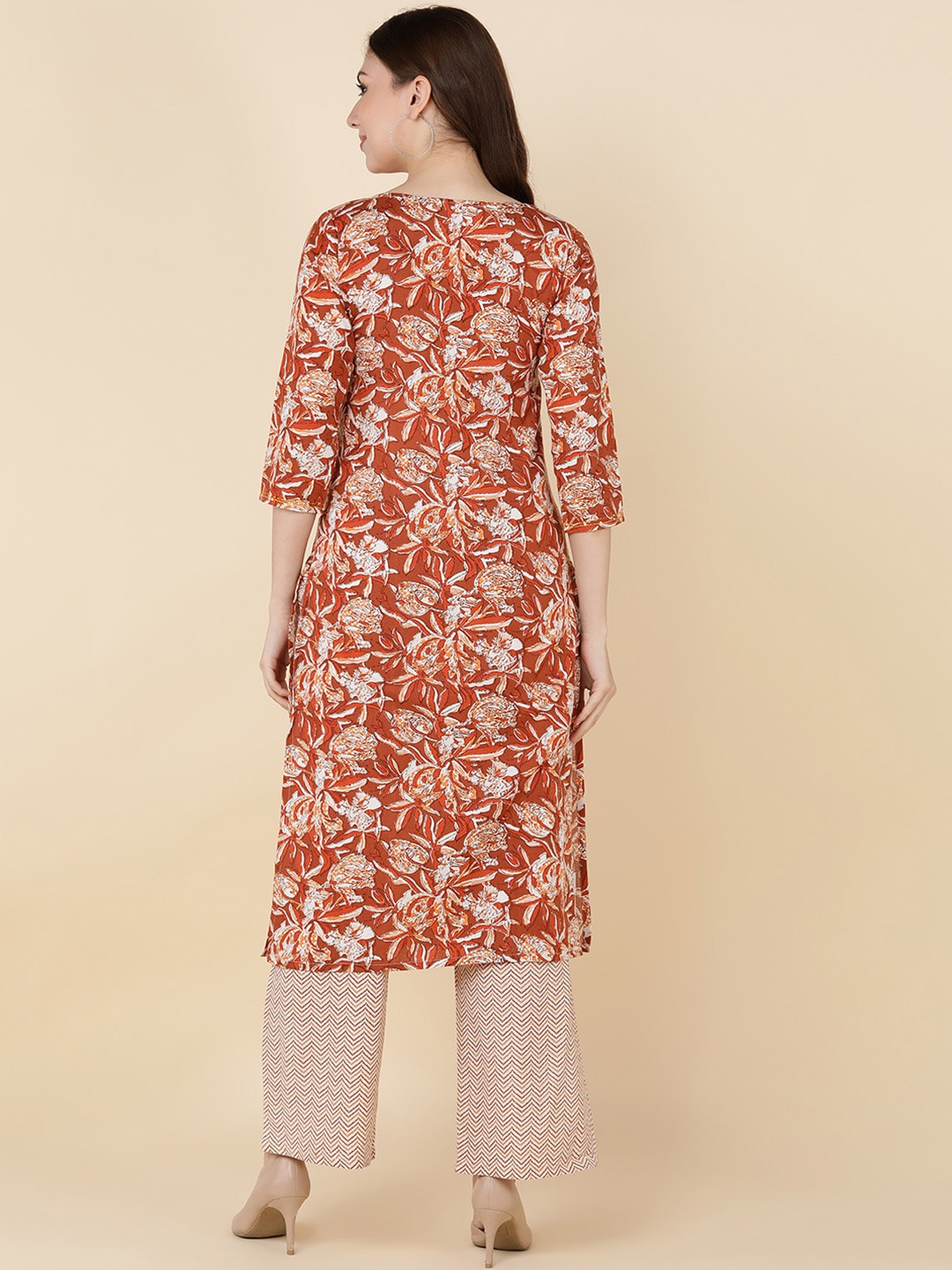 HERE&NOW Women Brown Floral Printed Sequinned Kurta with Trousers | Grocsy