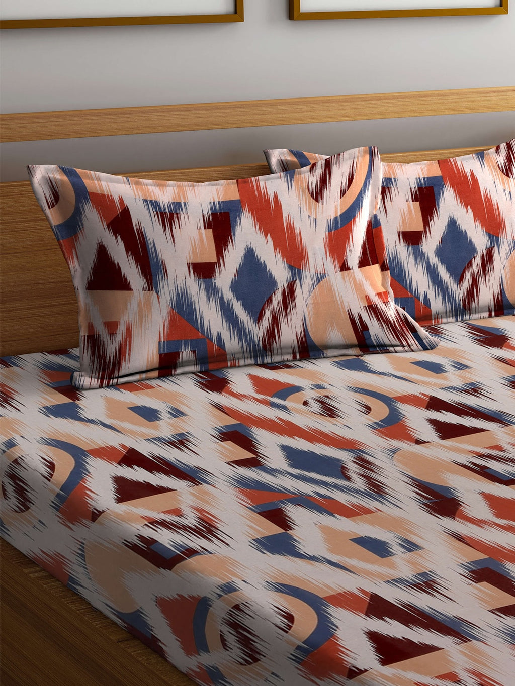 BOMBAY DYEING Marigold Brown Geometric Cotton 104 TC King Bedsheet & 2 Pillow Covers | Grocsy