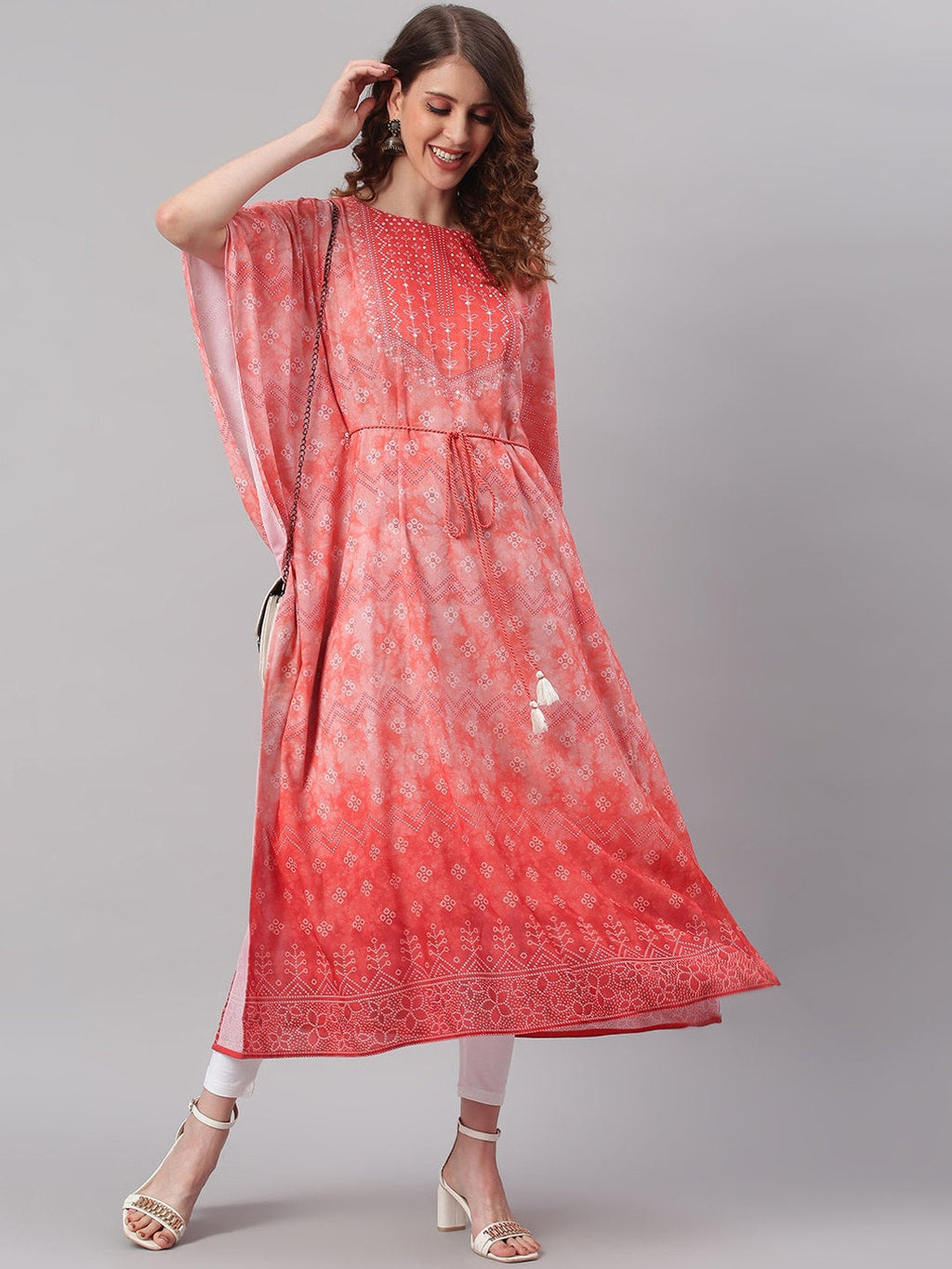Janasya Women Peach-Coloured Ethnic Motifs Dyed Thread Work Georgette Kaftan Kurta | Grocsy