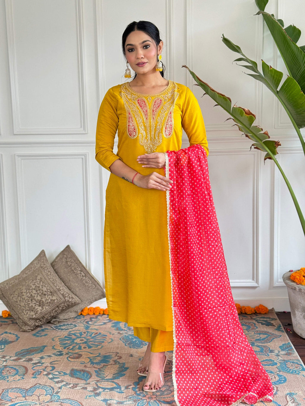 The52 Mustard Embroidered Chanderi Fabric Straight Kurta, Pant and Dupatta Set | Grocsy