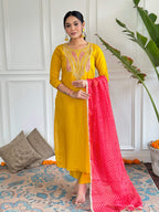 The52 Mustard Embroidered Chanderi Fabric Straight Kurta, Pant and Dupatta Set | Grocsy