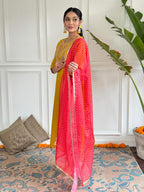 The52 Mustard Embroidered Chanderi Fabric Straight Kurta, Pant and Dupatta Set | Grocsy
