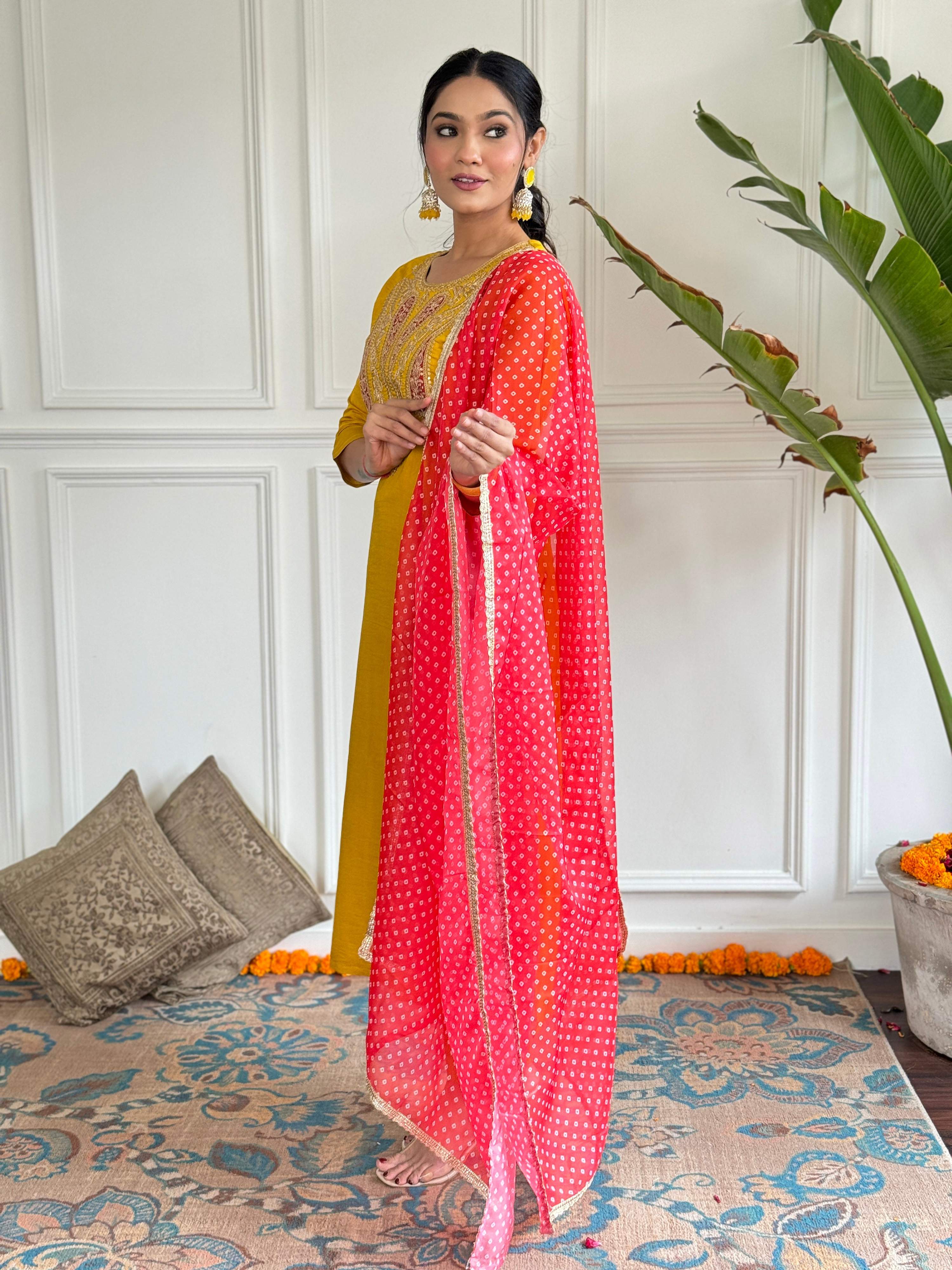 The52 Mustard Embroidered Chanderi Fabric Straight Kurta, Pant and Dupatta Set | Grocsy
