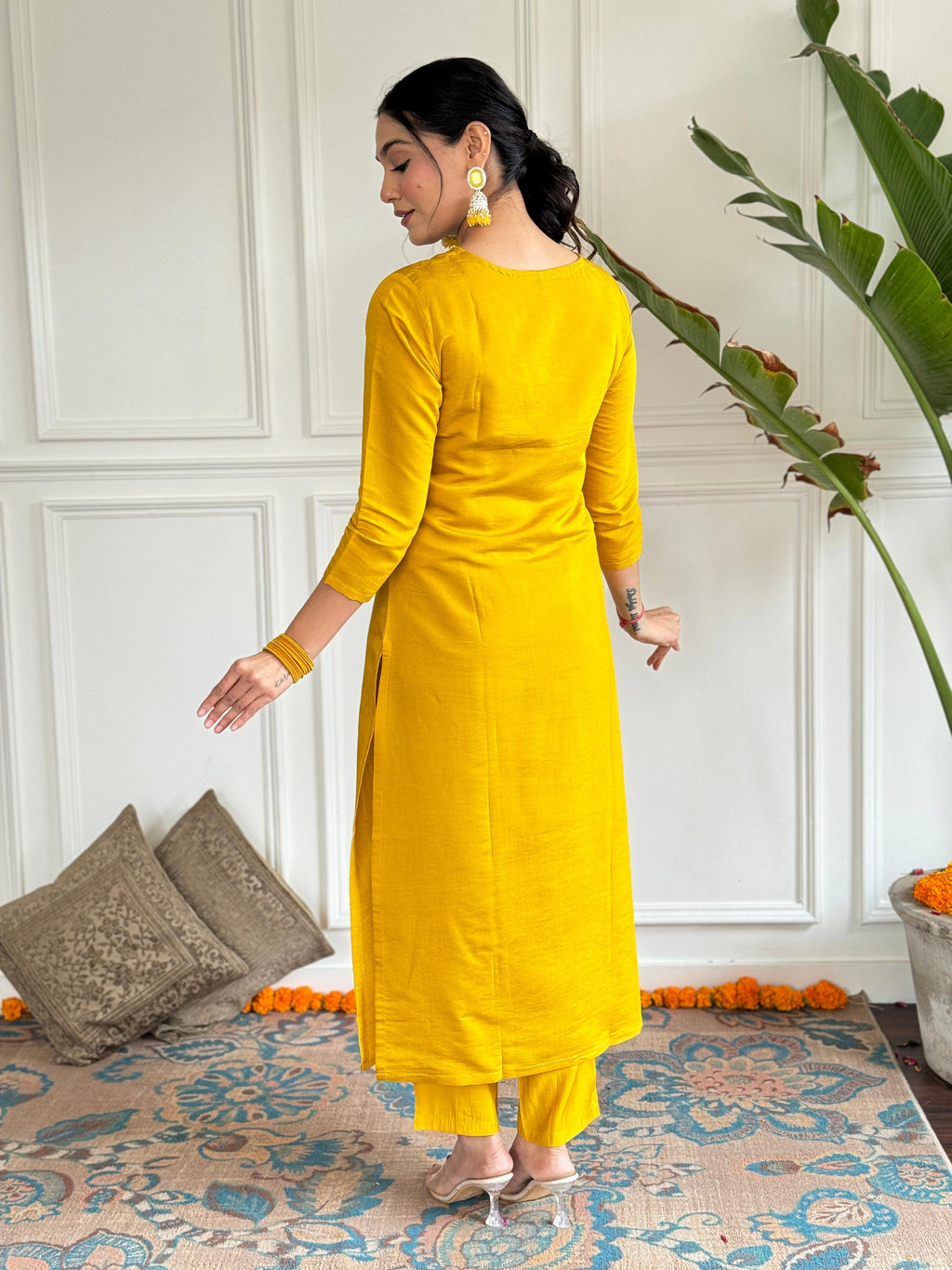 The52 Mustard Embroidered Chanderi Fabric Straight Kurta, Pant and Dupatta Set | Grocsy