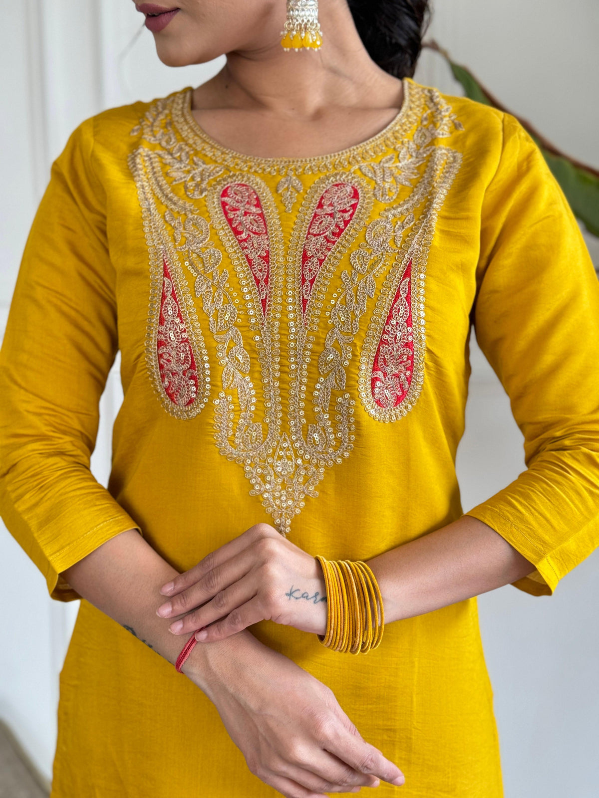 The52 Mustard Embroidered Chanderi Fabric Straight Kurta, Pant and Dupatta Set | Grocsy
