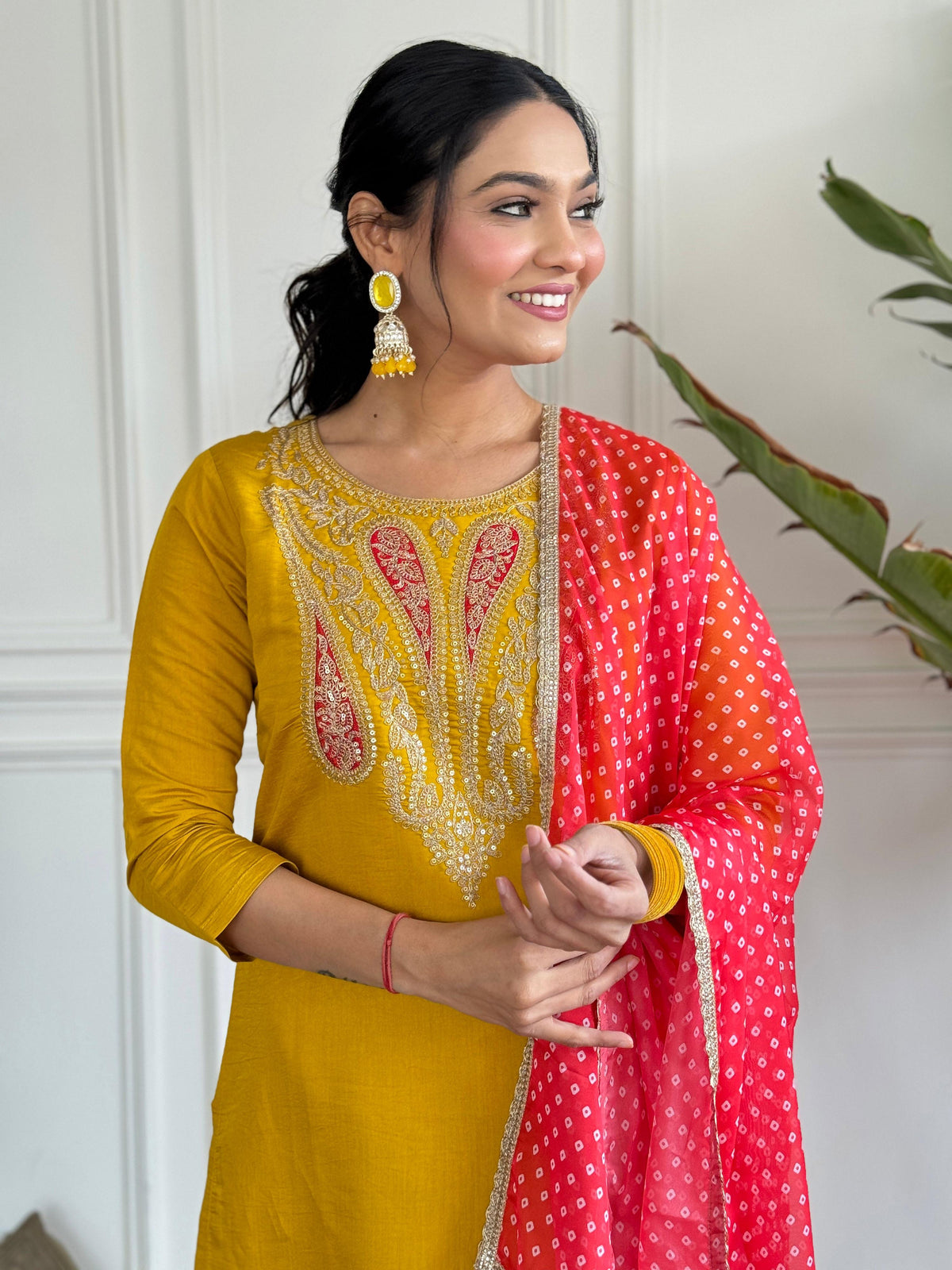 The52 Mustard Embroidered Chanderi Fabric Straight Kurta, Pant and Dupatta Set | Grocsy