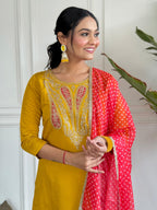 The52 Mustard Embroidered Chanderi Fabric Straight Kurta, Pant and Dupatta Set | Grocsy