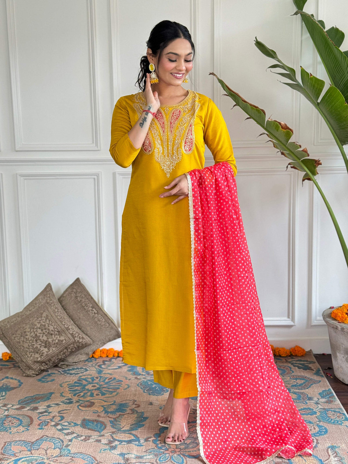 The52 Mustard Embroidered Chanderi Fabric Straight Kurta, Pant and Dupatta Set | Grocsy