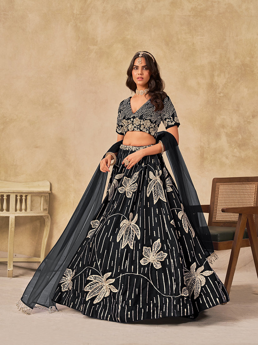 Monjolika Fashion Black Embroidered Art Silk Reception Trendy Lehenga Choli | Grocsy
