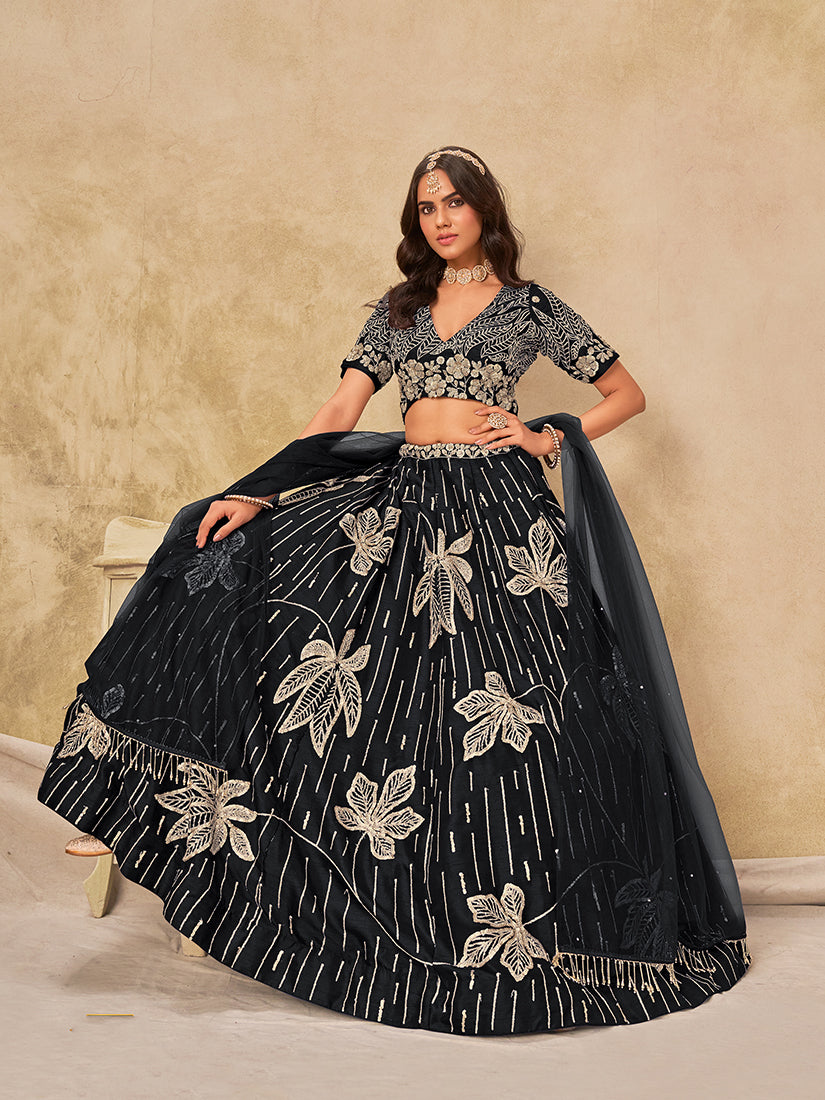 Monjolika Fashion Black Embroidered Art Silk Reception Trendy Lehenga Choli | Grocsy