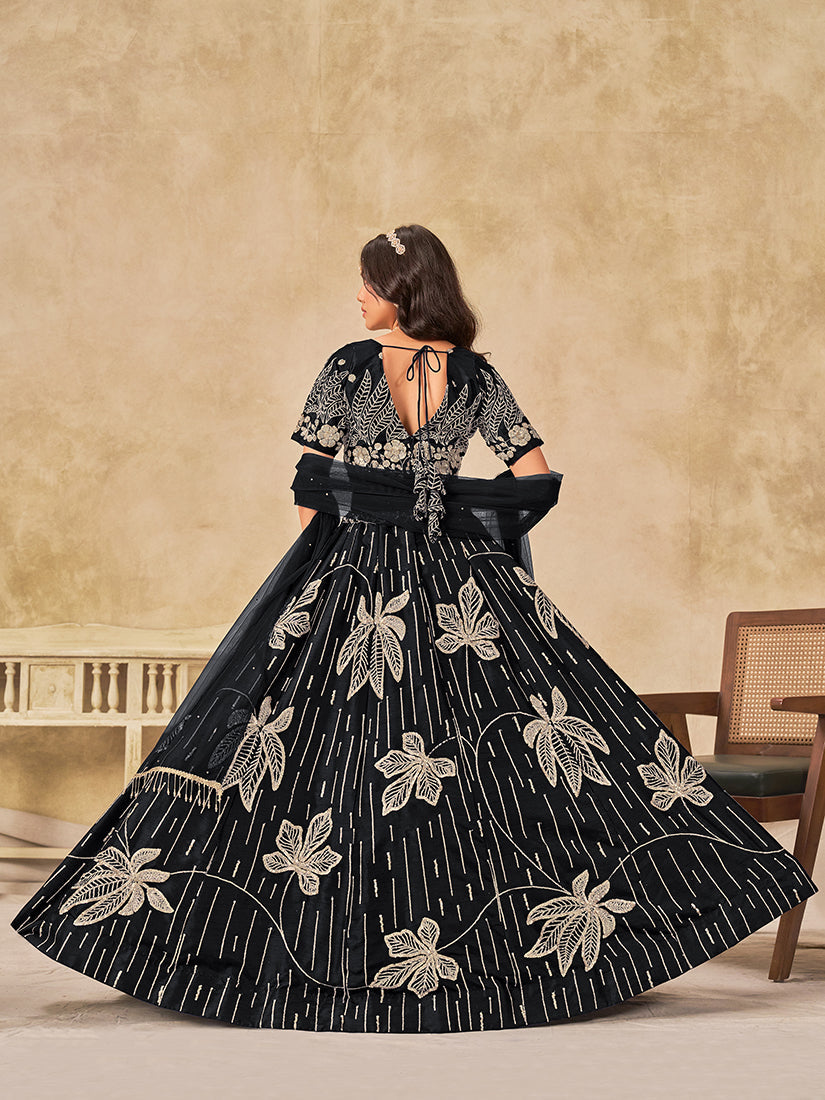 Monjolika Fashion Black Embroidered Art Silk Reception Trendy Lehenga Choli | Grocsy