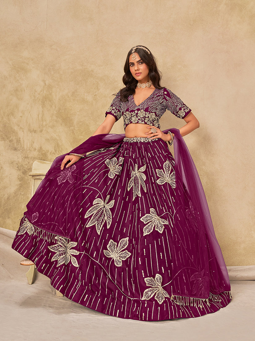 Monjolika Fashion Wine Embroidered Art Silk Reception Trendy Lehenga Choli | Grocsy