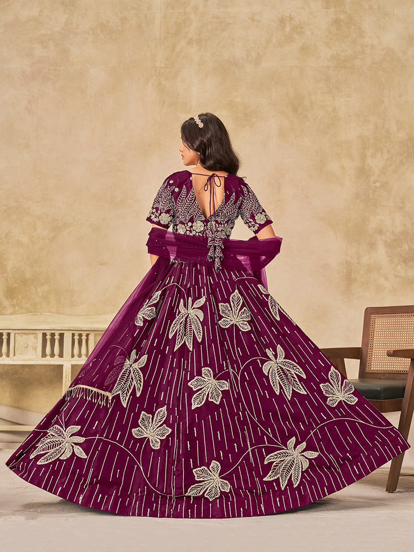 Monjolika Fashion Wine Embroidered Art Silk Reception Trendy Lehenga Choli | Grocsy