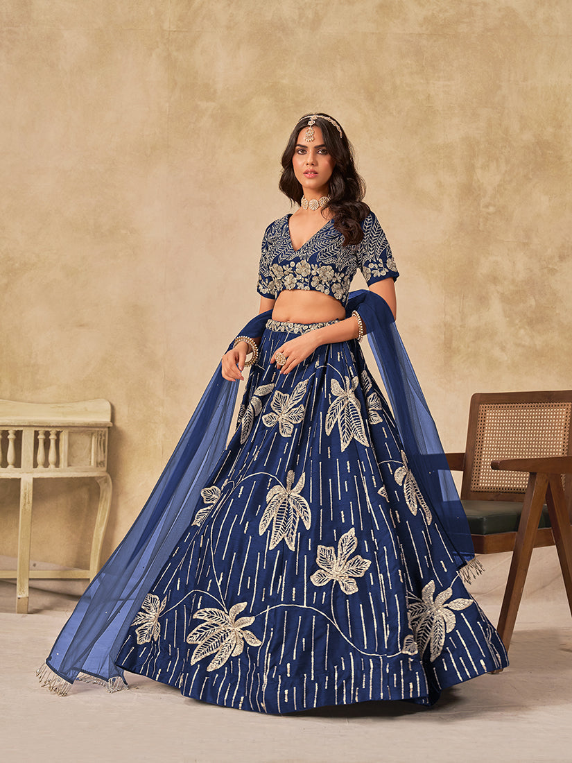 Monjolika Fashion Navy Blue Embroidered Art Silk Reception Trendy Lehenga Choli | Grocsy