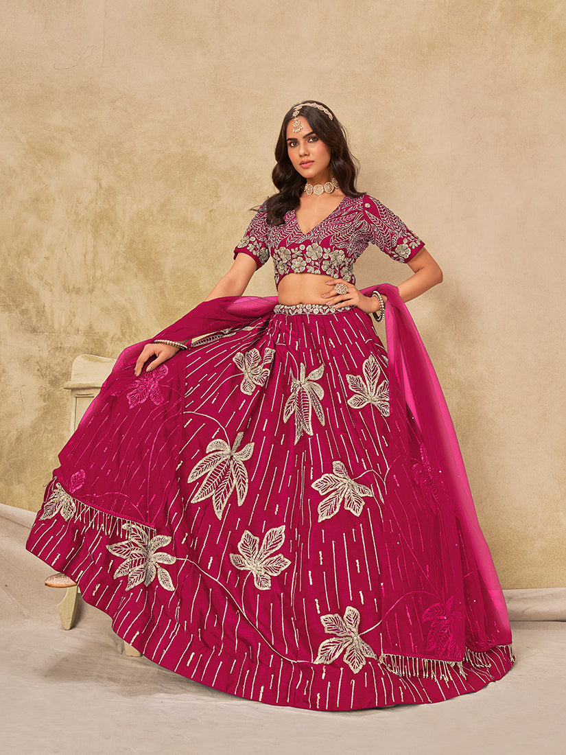 Monjolika Fashion Hot Pink Embroidered Art Silk Reception Trendy Lehenga Choli | Grocsy