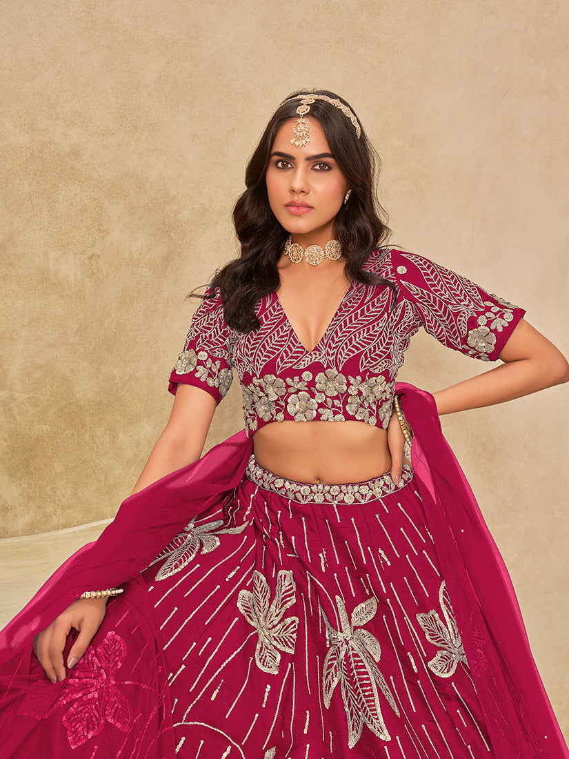 Monjolika Fashion Hot Pink Embroidered Art Silk Reception Trendy Lehenga Choli | Grocsy