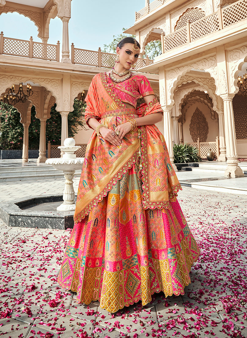 Monjolika Fashion Rani Pink Premium Banarasi Silk With Zarkan & Cutwork Wedding Wear Lehenga | Grocsy