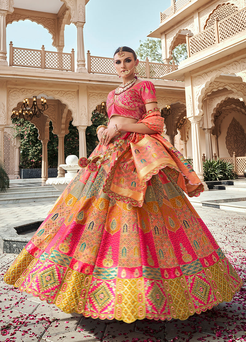 Monjolika Fashion Rani Pink Premium Banarasi Silk With Zarkan & Cutwork Wedding Wear Lehenga | Grocsy