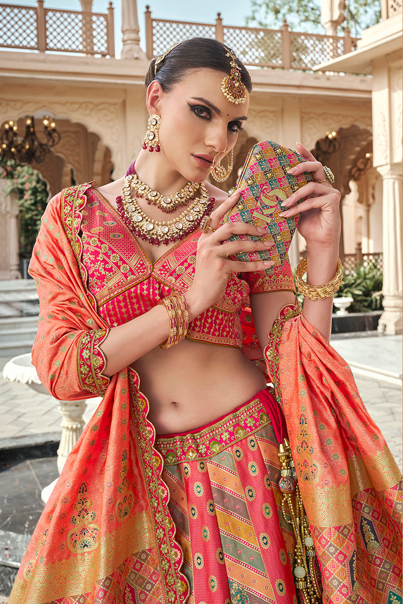 Monjolika Fashion Rani Pink Premium Banarasi Silk With Zarkan & Cutwork Wedding Wear Lehenga | Grocsy