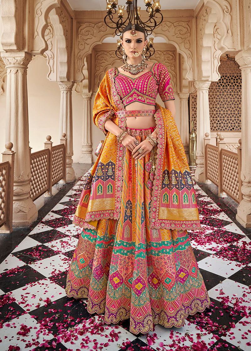 Monjolika Fashion Mustard Multicolor Premium Banarasi Silk With Zarkan & Cutwork Wedding Wear Lehenga | Grocsy