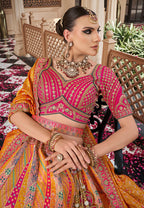 Monjolika Fashion Mustard Multicolor Premium Banarasi Silk With Zarkan & Cutwork Wedding Wear Lehenga | Grocsy