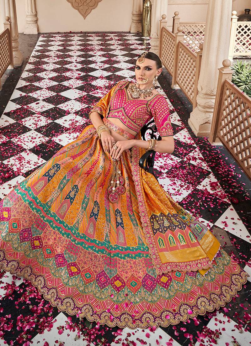 Monjolika Fashion Mustard Multicolor Premium Banarasi Silk With Zarkan & Cutwork Wedding Wear Lehenga | Grocsy