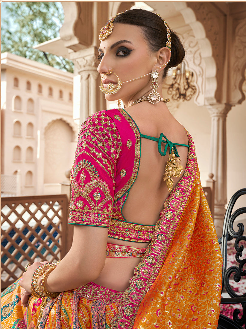Monjolika Fashion Mustard Multicolor Premium Banarasi Silk With Zarkan & Cutwork Wedding Wear Lehenga | Grocsy