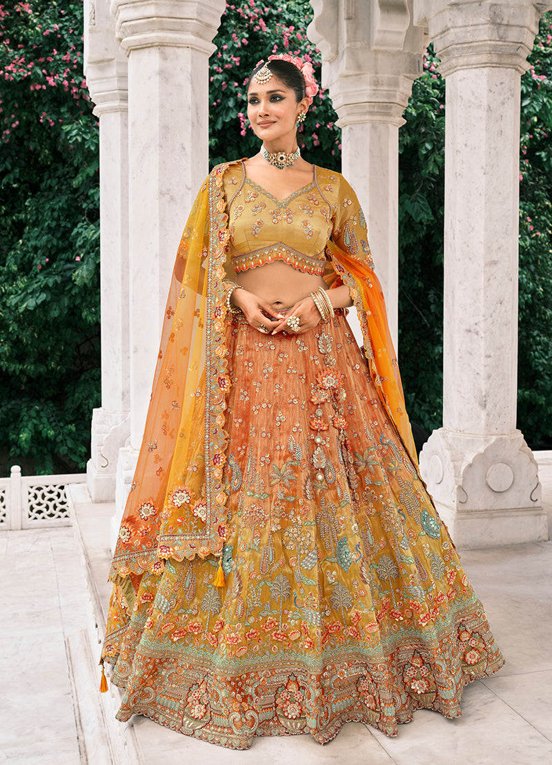Monjolika Fashion Rust Orange And Mustard Yellow Silk Bridal With Embroidery And Sequins Work Lehenga | Grocsy
