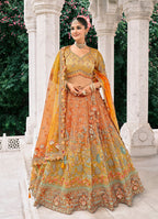 Monjolika Fashion Rust Orange And Mustard Yellow Silk Bridal With Embroidery And Sequins Work Lehenga | Grocsy