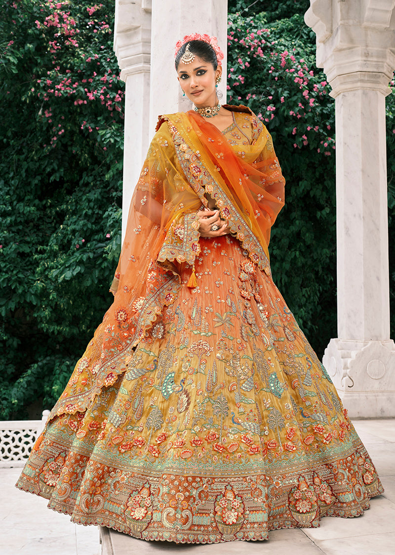 Monjolika Fashion Rust Orange And Mustard Yellow Silk Bridal With Embroidery And Sequins Work Lehenga | Grocsy