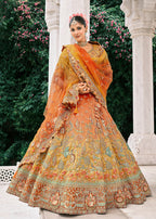 Monjolika Fashion Rust Orange And Mustard Yellow Silk Bridal With Embroidery And Sequins Work Lehenga | Grocsy