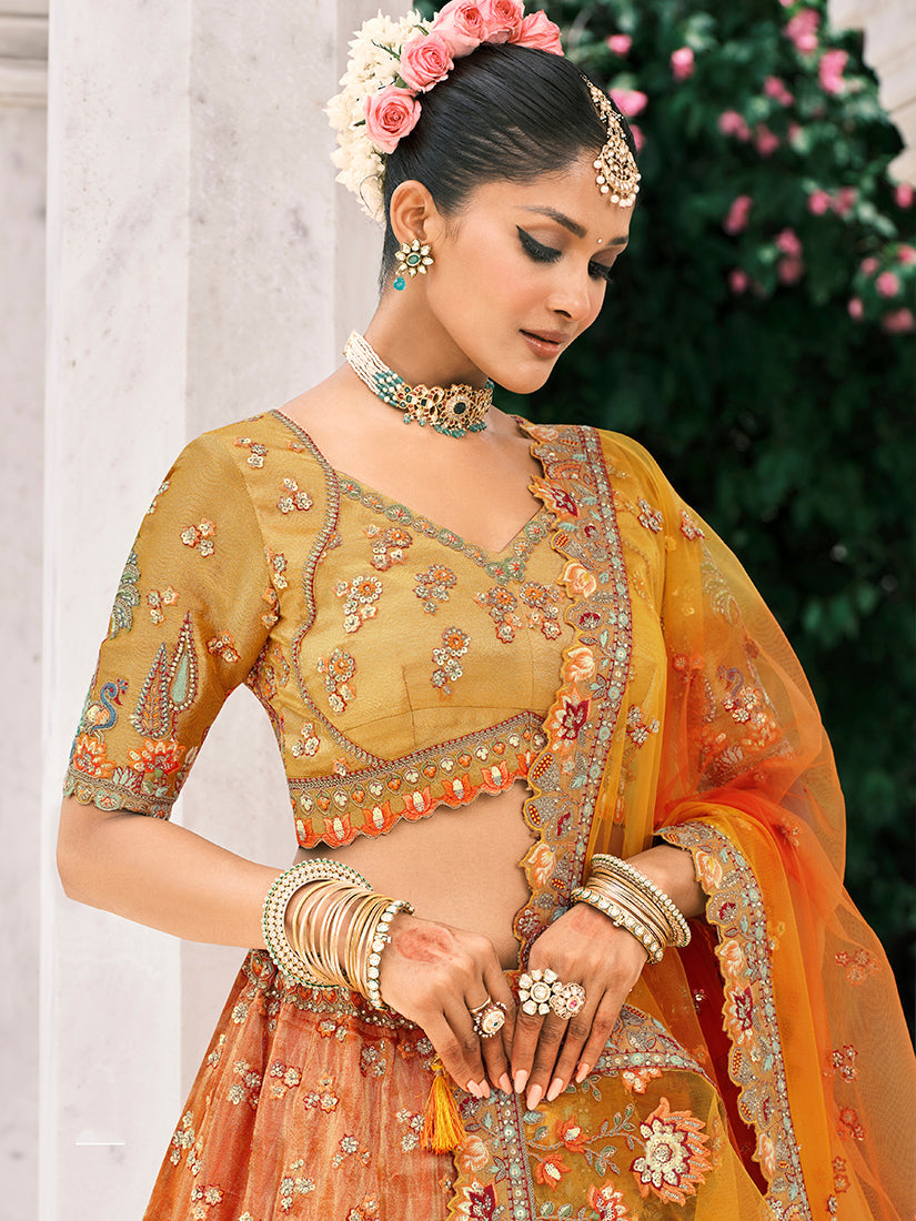 Monjolika Fashion Rust Orange And Mustard Yellow Silk Bridal With Embroidery And Sequins Work Lehenga | Grocsy