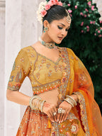 Monjolika Fashion Rust Orange And Mustard Yellow Silk Bridal With Embroidery And Sequins Work Lehenga | Grocsy
