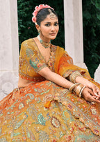 Monjolika Fashion Rust Orange And Mustard Yellow Silk Bridal With Embroidery And Sequins Work Lehenga | Grocsy