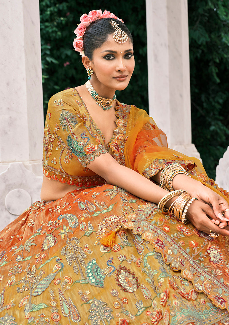 Monjolika Fashion Rust Orange And Mustard Yellow Silk Bridal With Embroidery And Sequins Work Lehenga | Grocsy