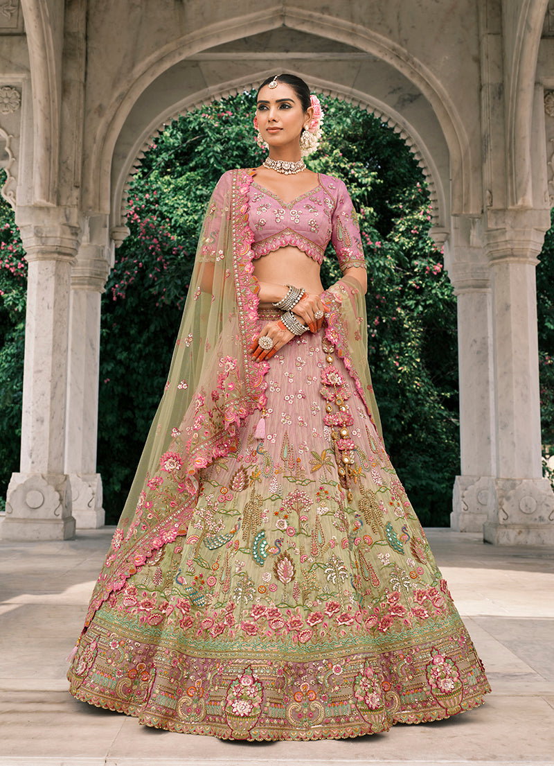 Monjolika Fashion Pink And Light Green Silk Bridal With Embroidery And Sequins Work Lehenga | Grocsy