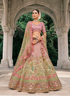 Monjolika Fashion Pink And Light Green Silk Bridal With Embroidery And Sequins Work Lehenga | Grocsy
