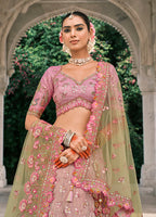 Monjolika Fashion Pink And Light Green Silk Bridal With Embroidery And Sequins Work Lehenga | Grocsy